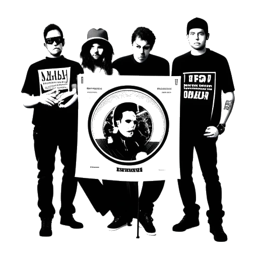 Line art drawing of Linkin Park holding their debut album, Hybrid Theory, with the text '30 million' representing the number of copies sold worldwide.