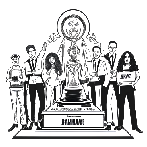 Line art drawing of Linkin Park holding their MTV, Grammy, and American Music Awards.