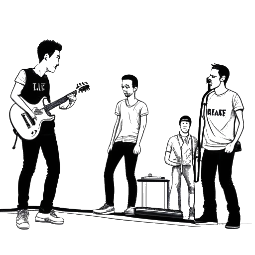 Line art drawing of Chester Bennington joining Linkin Park on stage, with the original vocalist stepping aside.