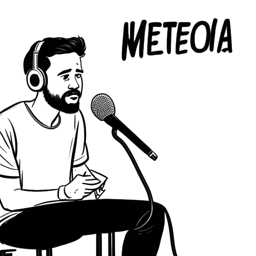 Desenho em arte linear de Chester Bennington, sentado em um estúdio de gravação, segurando um microfone, com uma expressão preocupada no rosto, representando suas lutas durante a gravação do álbum Meteora.