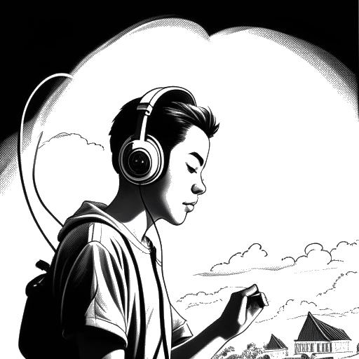Desenho em arte linear de um Chester Bennington adolescente, ouvindo música em fones de ouvido, cercado por nuvens escuras com raios de luz brilhando através, representando suas lutas e o consolo que encontrou na música.