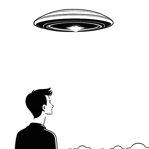 Desenho em arte linear de um jovem Chester Bennington, olhando para o céu, com um OVNI visível ao fundo, representando o avistamento de um OVNI em sua adolescência.