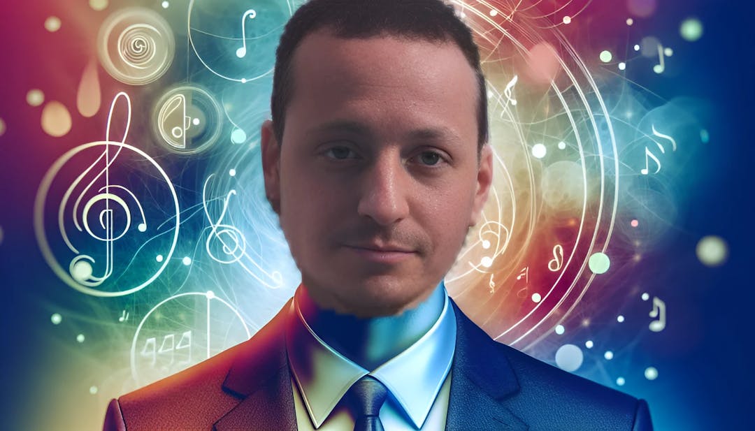 Chester Bennington, a successful musician and vocalist of Linkin Park, dressed in formal attire, looking confident and energetic. The vibrant background features musical notes and instruments, emphasizing Bennington's passion for music.