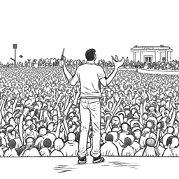 Dessin en ligne d'un homme représentant Calvin Harris se tenant triomphalement lors d'un festival de musique, avec des récompenses et une foule en liesse derrière lui