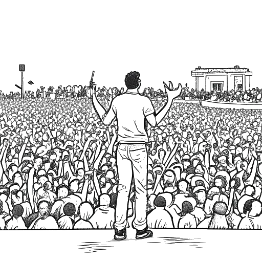 Dibujo lineal de un hombre representando a Calvin Harris triunfando en un festival de música, con premios y una multitud aclamándolo detrás