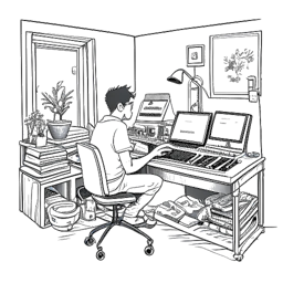 Dibujo lineal de un hombre representando a Adam Richard Wiles (Calvin Harris) rodeado de instrumentos musicales en su estudio en casa