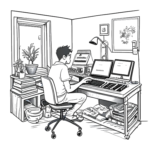 Dibujo lineal de un hombre representando a Adam Richard Wiles (Calvin Harris) rodeado de instrumentos musicales en su estudio en casa