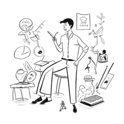 Desenho em arte linear de um homem, Calvin Harris, participando de composições musicais, moda e filantropia, ilustrando suas diversas contribuições