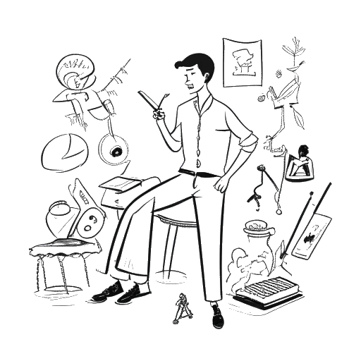 Dibujo lineal de un hombre representando a Calvin Harris participando en composición de canciones, moda y filantropía, ilustrando sus variadas contribuciones
