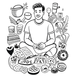 Dibujo lineal de un hombre representando a Calvin Harris con alimentos saludables y artículos de fútbol, reflejando sus pasiones personales y estilo de vida