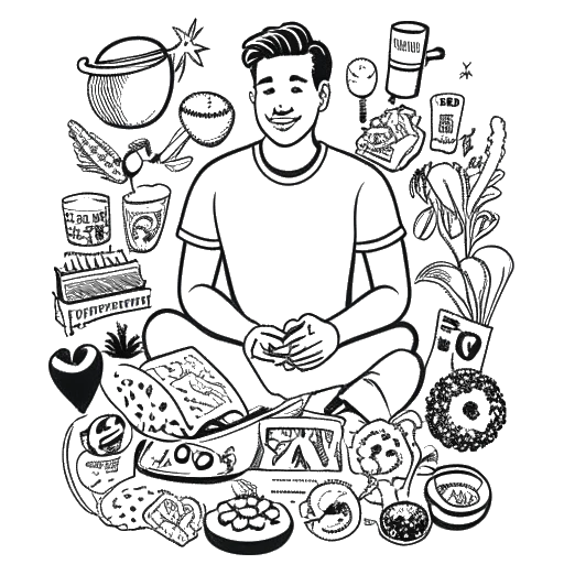 Desenho em arte linear de um homem, Calvin Harris, com comida saudável e itens de futebol, refletindo suas paixões pessoais e estilo de vida