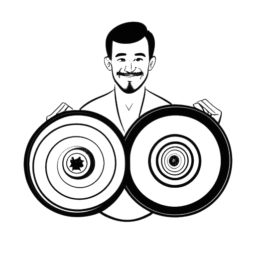 Line art drawing of a man, representing Calvin Harris, holding three vinyl records and looking proud