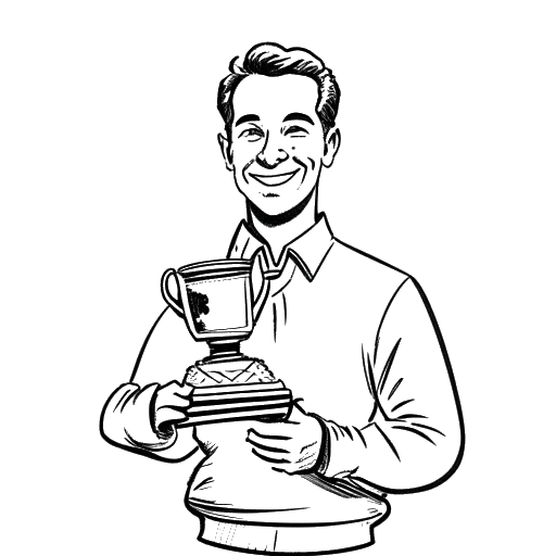 Line art drawing of a man, representing Calvin Harris, holding a trophy and looking proud