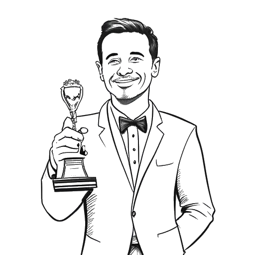 Line art drawing of a man, representing Calvin Harris, holding a Grammy award and looking proud