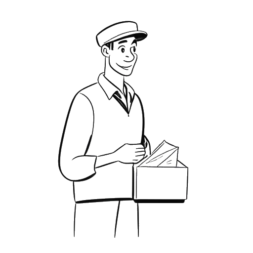Disegno in stile line art di un uomo, raffigurante Calvin Harris, che lavora in un negozio di alimentari e consegna la posta, con uno sguardo determinato
