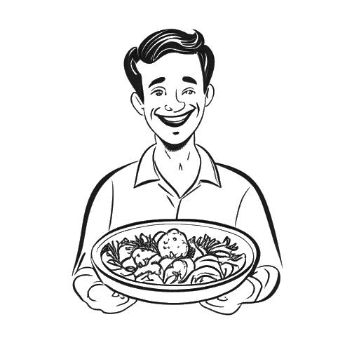 Disegno in stile line art di un uomo, raffigurante Calvin Harris, che tiene un piatto di verdure e sorride