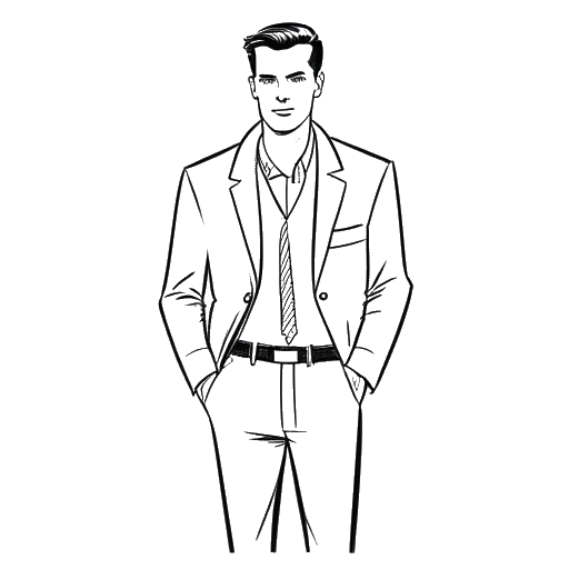 Line art drawing of a man, representing Calvin Harris, modeling clothes and looking confident