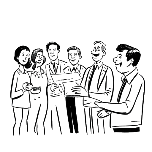 Disegno in stile line art di un uomo, raffigurante Calvin Harris, che consegna un assegno a un gruppo di persone e con uno sguardo orgoglioso