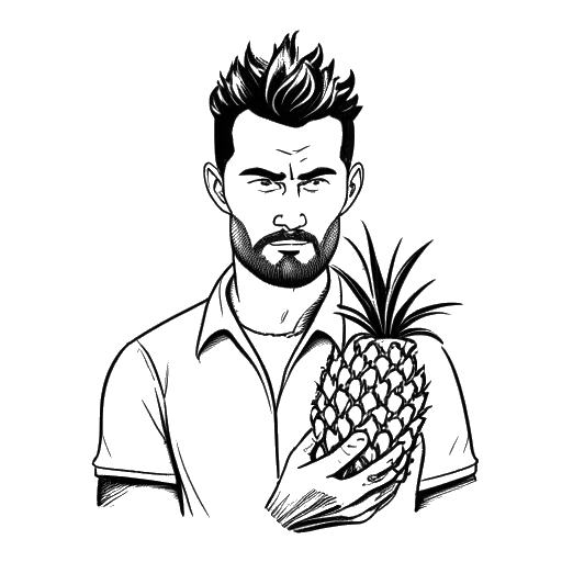 Line art drawing of a man, representing Calvin Harris, holding a pineapple and looking apologetic