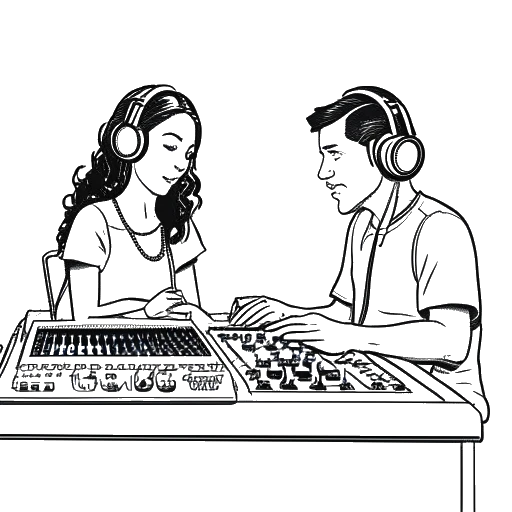Line art drawing of a man, representing Calvin Harris, and a woman, representing Rihanna, working together at a mixing console and looking focused