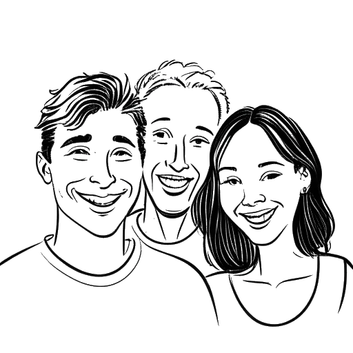 Line art drawing of a man, representing Calvin Harris, with Rita Ora and Taylor Swift, all smiling and looking happy