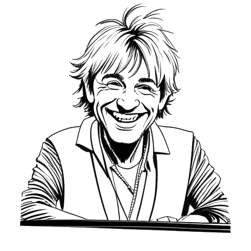 Line art drawing of a man, representing Calvin Harris, with a picture of Rod Stewart in his DJ booth and smiling