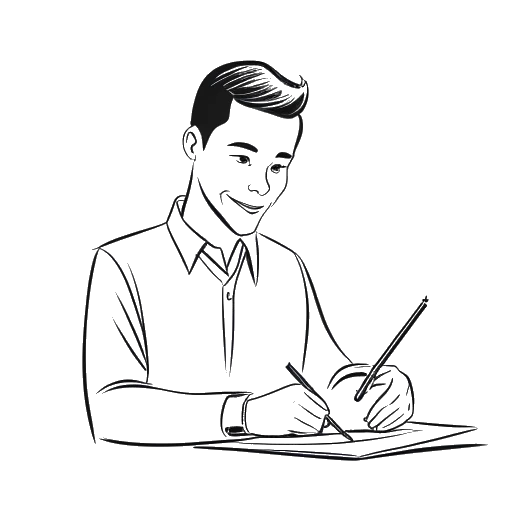 Line art drawing of a young man, representing Calvin Harris, signing a contract and looking proud