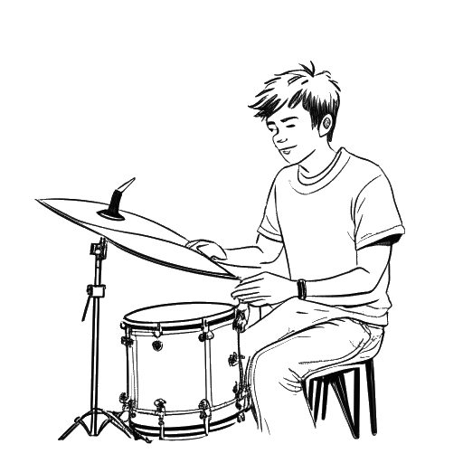 Line art drawing of a teenage boy, representing Calvin Harris, holding a drumstick and concentrating on playing the drums