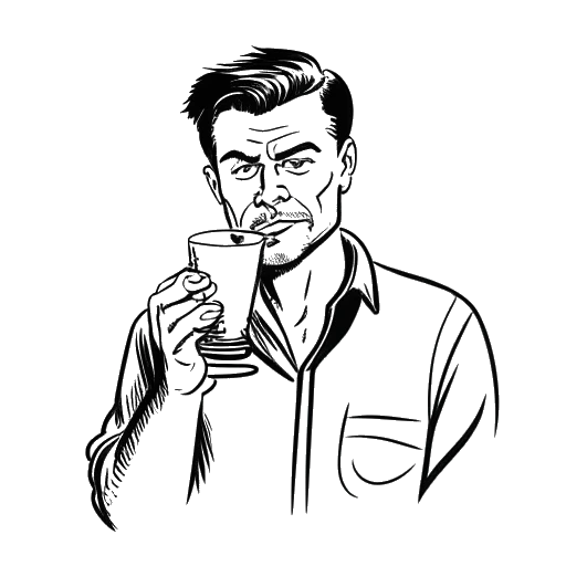 Line art drawing of a man, representing Calvin Harris, holding a glass of water and looking determined