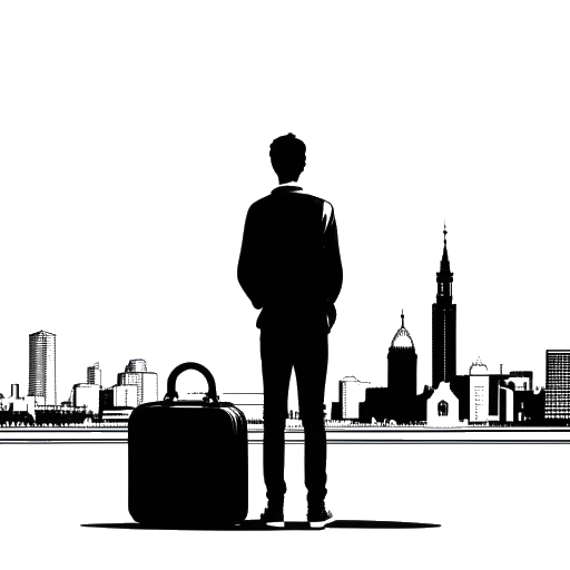 Lijnkunsttekening van een jongeman, die Calvin Harris vertegenwoordigt, met bagage, staande voor de skyline van Londen en vastberaden kijkend