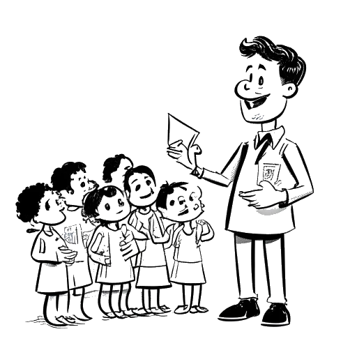 Line art drawing of a man, representing Calvin Harris, presenting a large check to a group of children and looking proud