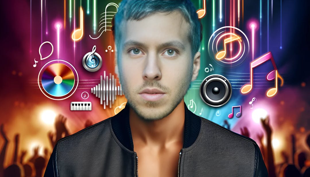 Calvin Harris, a fair-skinned male with a lean body type, looking directly into the camera. The background features vibrant colors, musical elements, and concert lights, highlighting his successful music career.