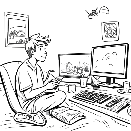 Line art drawing of Fanum, enjoying his downtime by playing video games, sharing memes, and celebrating Christmas traditions with his family. His carefree and generous nature is symbolized by sharing food with friends, popularly known as the 'Fanum tax' among Gen Alpha.
