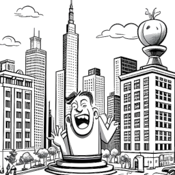Desenho em arte linear de Fanum, com uma expressão surpresa, cercado por uma placa de 1 milhão de inscritos, em frente aos marcos icônicos da cidade de Nova York. A imagem simboliza a emoção e o reconhecimento de sua conquista notável.