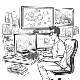 Line art drawing of JustFanum, with a dynamic presence, surrounded by screens displaying video game streams, reaction videos, and vlogs. His content spans across platforms, showcasing his energy and diversity.