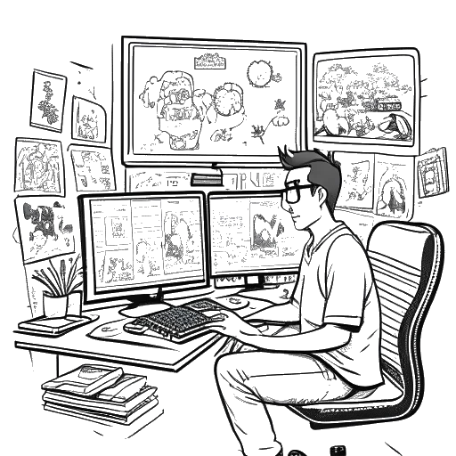 Line art drawing of JustFanum, with a dynamic presence, surrounded by screens displaying video game streams, reaction videos, and vlogs. His content spans across platforms, showcasing his energy and diversity.