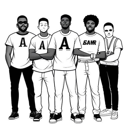 Dessin en ligne d'un groupe de jeunes hommes, dont Fanum, Kai Cenat et Duke Dennis, debout ensemble et tenant une bannière du logo AMP.