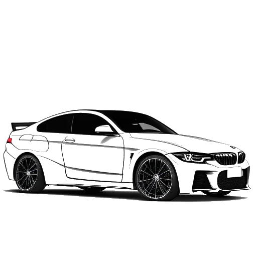 Line art drawing of a man, representing Fanum, standing next to a BMW M4 2018 Competition Edition car.