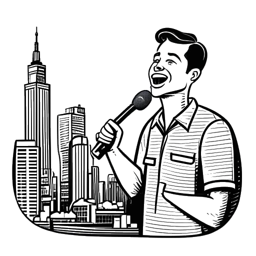Strichzeichnung eines Mannes, der Fanum darstellt, der in ein Mikrofon spricht. Eine Sprechblase mit New Yorker Slang ist sichtbar, und die Skyline von NYC ist im Hintergrund sichtbar.
