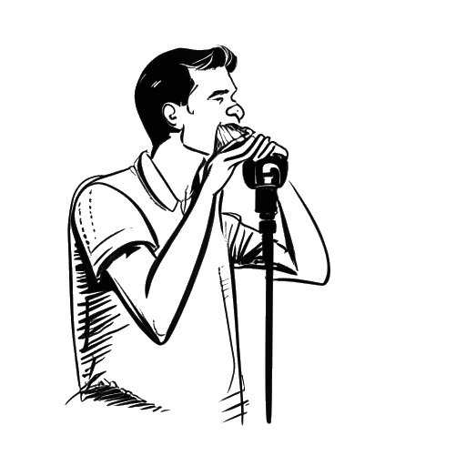 Line art drawing of a man, representing Fanum, holding a microphone. A gas tank and music notes are visible in the background.