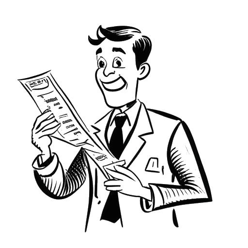 Desenho de arte digital de um homem, representando Fanum, distribuindo dinheiro. Um recibo de 'imposto Fanum' é visível ao fundo.
