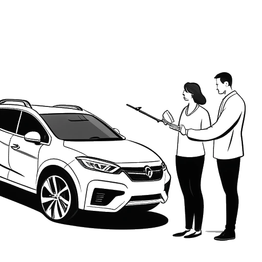 Line art drawing of a man, representing Fanum, handing car keys to a woman, who represents his mother. A Honda CRV is visible in the background.