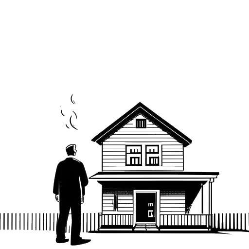 Strichzeichnung eines Mannes, der Fanum darstellt, der vor einem brennenden Haus mit einem Feuerlöscher steht. Rauch und Flammen sind sichtbar, die aus den Fenstern kommen.