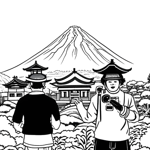 Lijnkunsttekening van twee mannen, Fanum en K Lynch, met videocamera's. Een Japanse tempel en Mount Fuji zijn zichtbaar op de achtergrond.