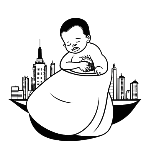 Strichzeichnung eines Neugeborenen, das Fanum darstellt, in eine Krankenhausdecke gewickelt. Im Hintergrund sind eine kleine dominikanische Flagge und die Skyline von NYC sichtbar.