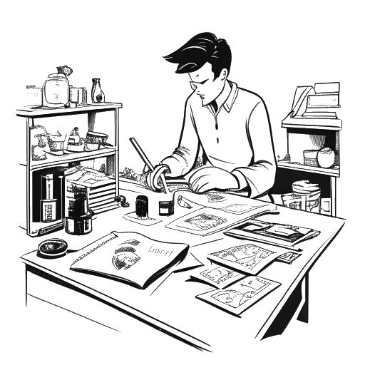 Desenho de arte digital de um homem, representando Fanum, projetando produtos. Vários itens com a marca Phantom são visíveis ao fundo.