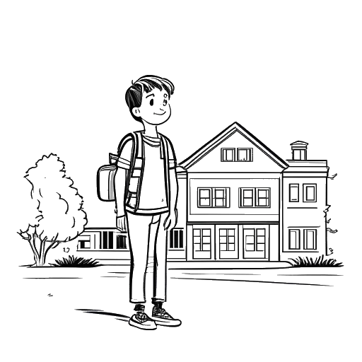 Desenho de arte digital de um menino, representando Fanum, em uniforme escolar e carregando uma mochila. Um prédio de escola particular é visível ao fundo.