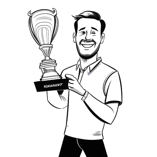Strichzeichnung eines Mannes, der Fanum darstellt, der einen Streamy Award-Pokal hält. Ein Banner mit 'Aufstrebender Streamer 2023' ist im Hintergrund sichtbar.