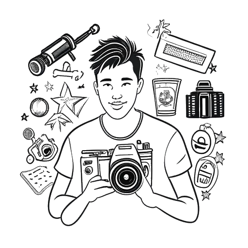Desenho de arte digital de um jovem, representando Fanum, segurando uma câmera de vídeo. Vários ícones de vlog o cercam, e uma estrela de 'Fama' é visível ao fundo.