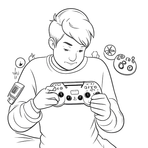 Lijnkunsttekening van een man, die Fanum vertegenwoordigt, met een gamecontroller en kijkend naar een meme op een smartphone. Kerstversieringen zijn zichtbaar op de achtergrond.